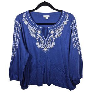 J Jill Top Womens XL Blue Cotton Tunic Embroidered 3/4 Sleeve Blouse Boho Summer